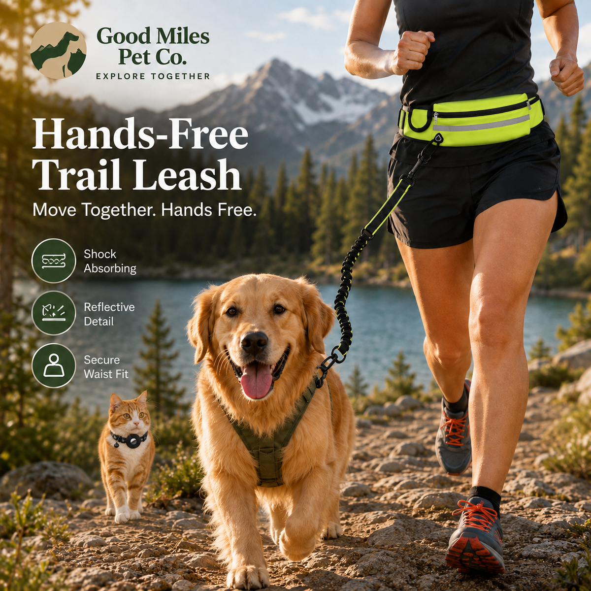 Good Miles Hands-Free Trail Leash with a runner, dog, and tracker-collar cat