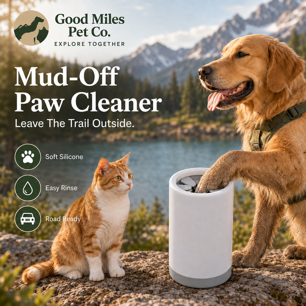 Good Miles Mud-Off Paw Cleaner cleaning a muddy dog's paw outdoors