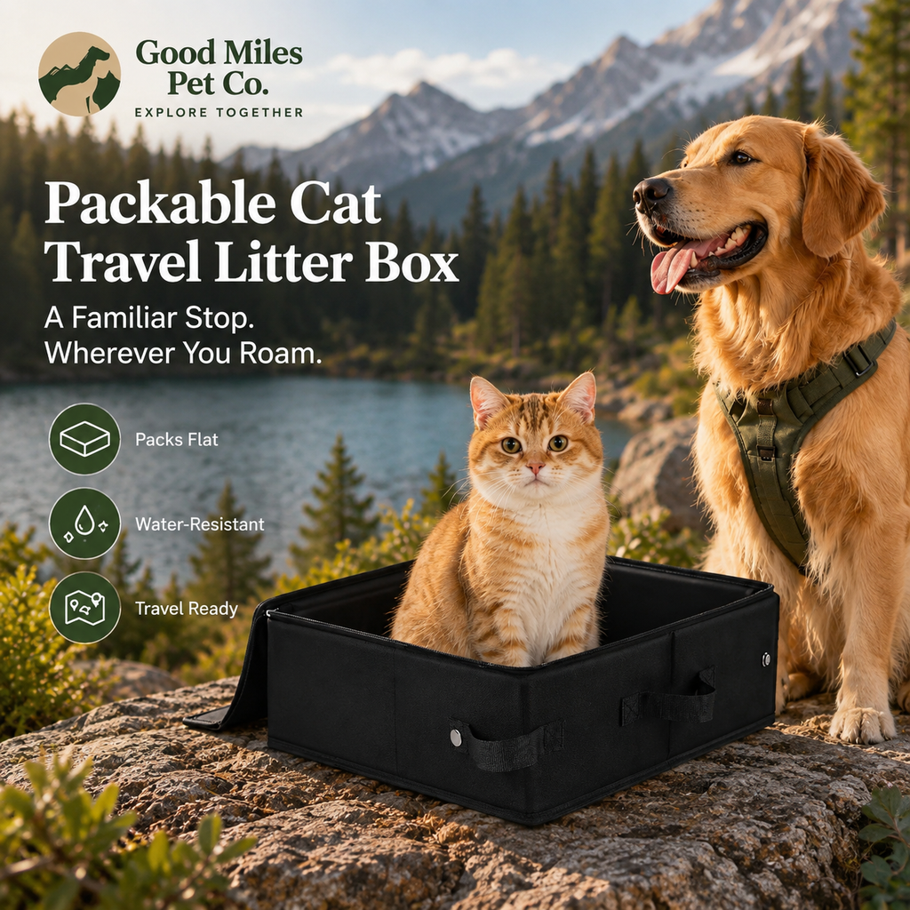 Good Miles Packable Cat Travel Litter Box at an outdoor mountain campsite