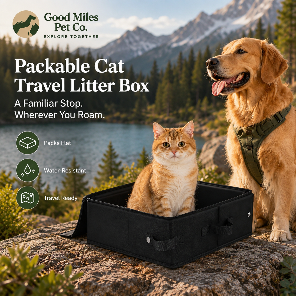 Good Miles Packable Cat Travel Litter Box at an outdoor mountain campsite