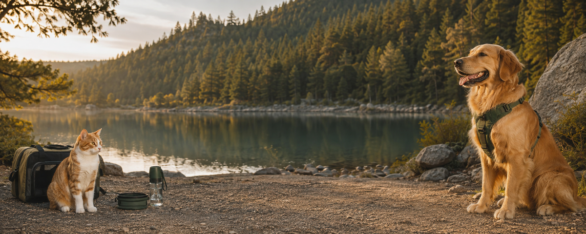 Golden retriever and cat ready for a lakeside trip with practical pet travel gear